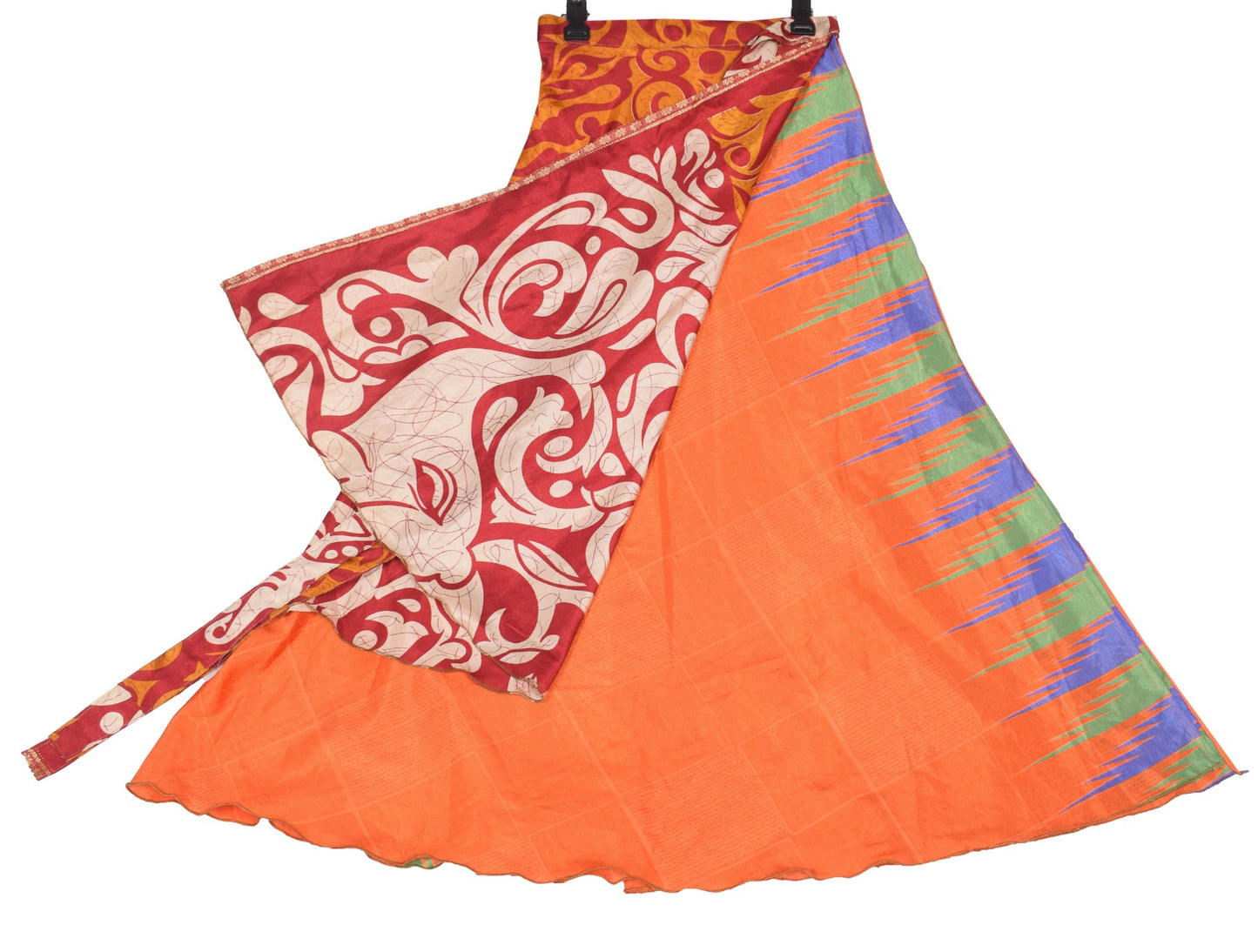Sushila Vintage Art Silk Saree Magic Wrap Reversible Skirt Beach Dress Red Orange