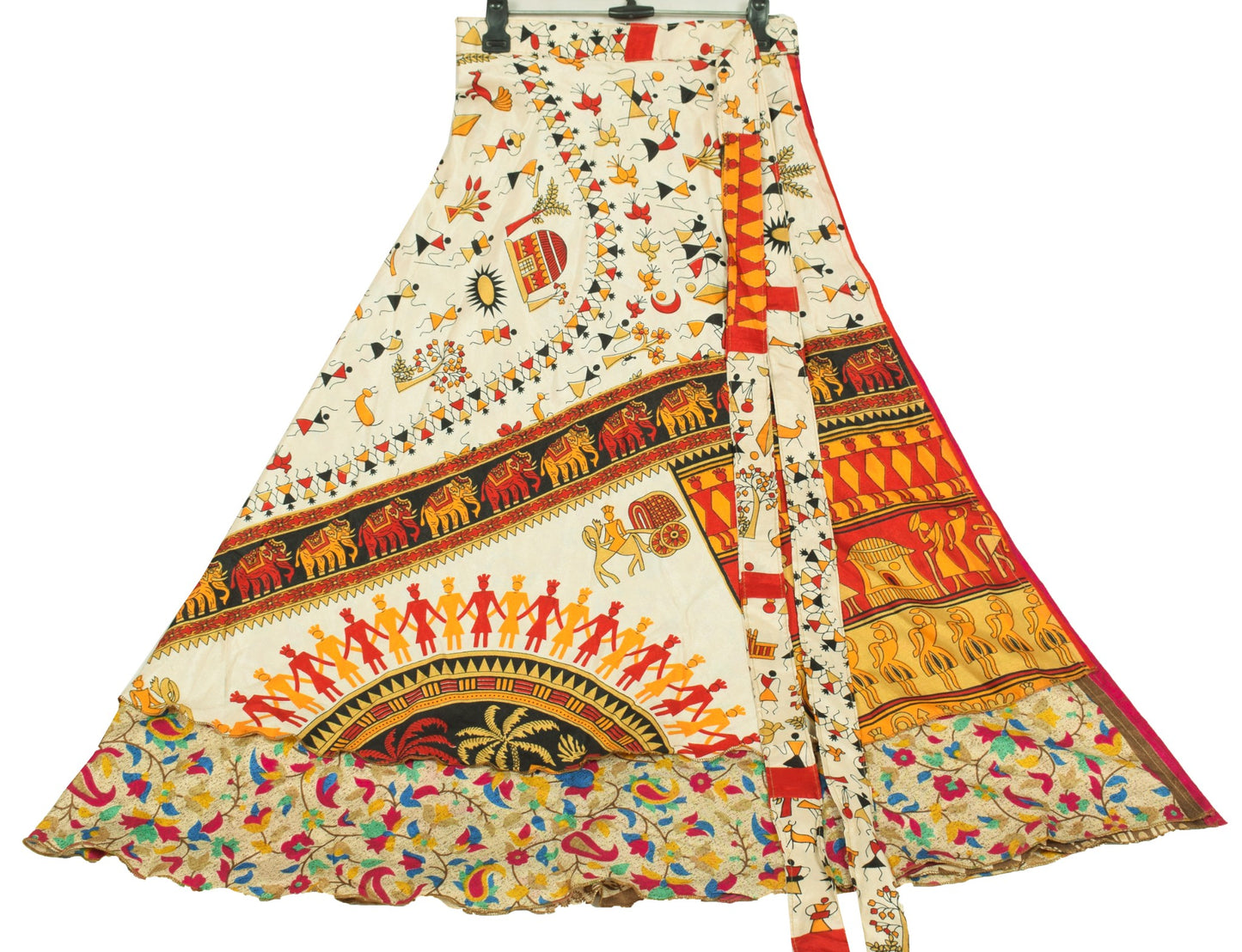 Sushila Vintage Art Silk Saree Magic Wrap Reversible Skirt Warli Print Dress