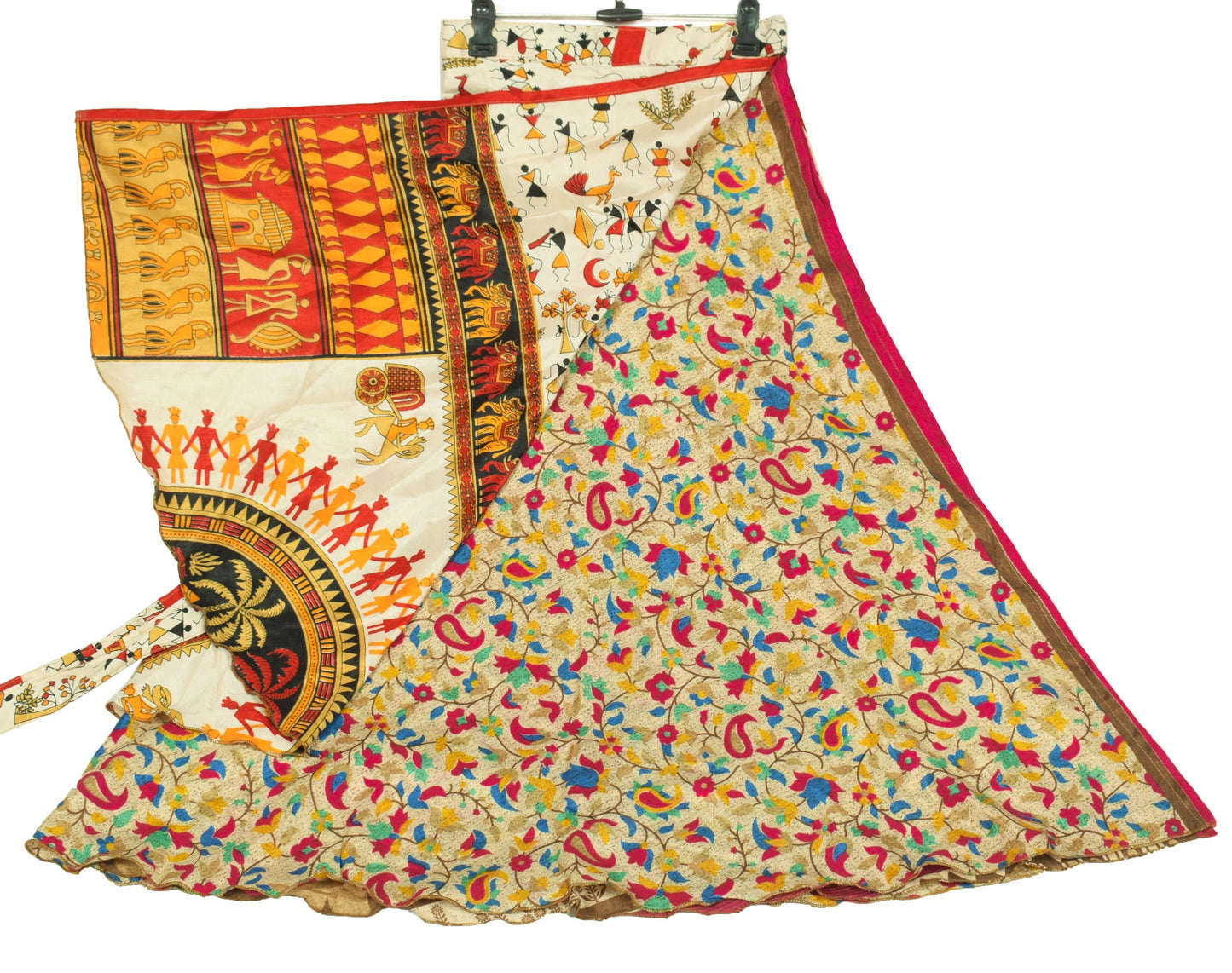 Sushila Vintage Art Silk Saree Magic Wrap Reversible Skirt Warli Print Dress