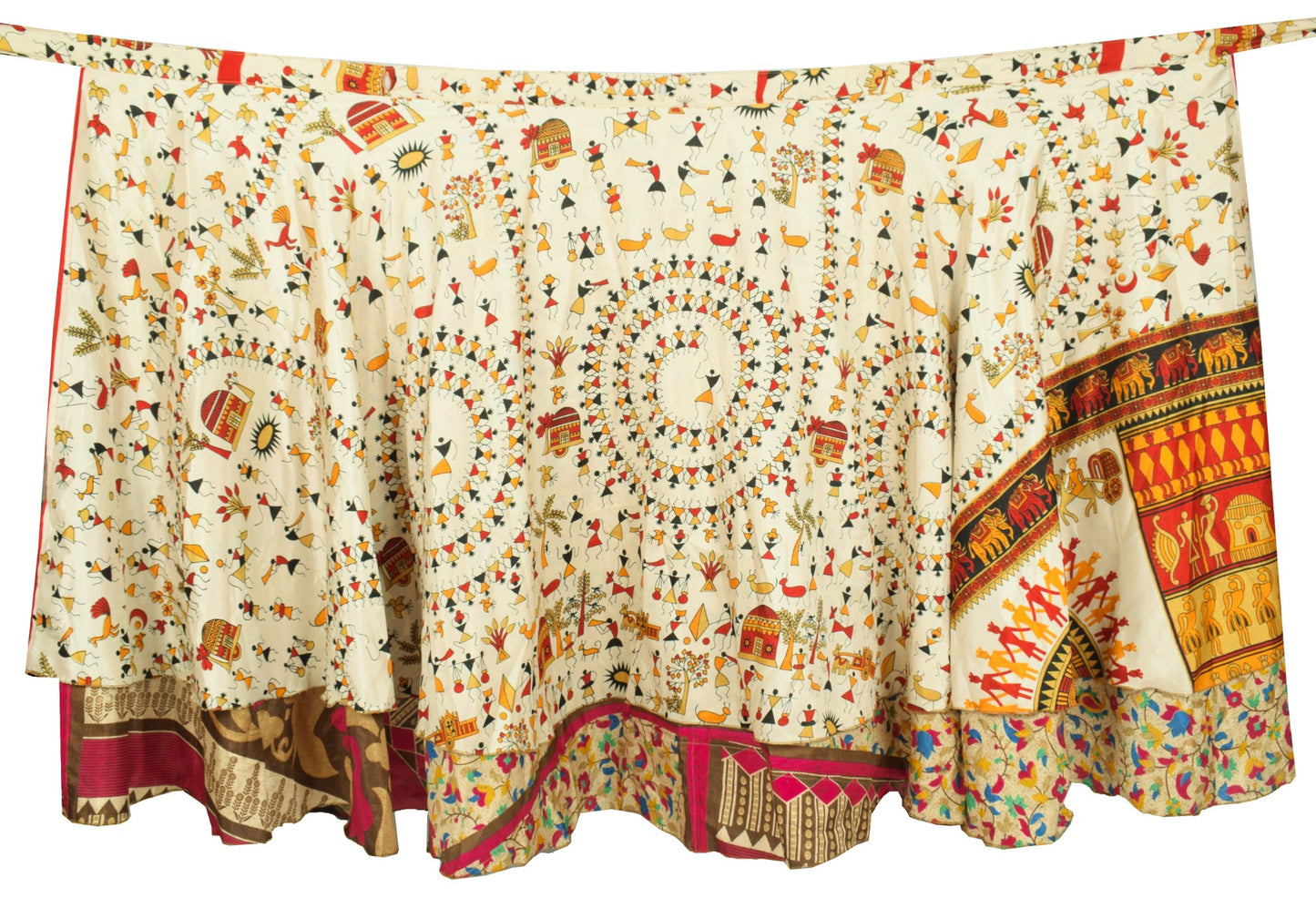 Sushila Vintage Art Silk Saree Magic Wrap Reversible Skirt Warli Print Dress