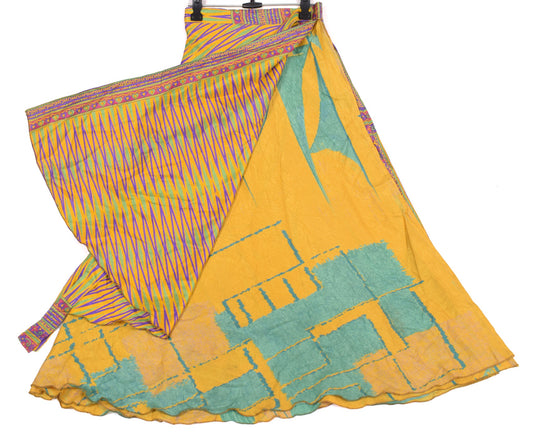 Sushila Vintage Art Silk Saree Magic Wrap Reversible Skirt Yellow Beach Dress