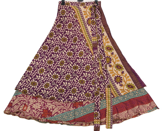 Sushila Vintage Dark Purple Saree Magic Wrap Reversible Skirt Art Silk Beach Dress