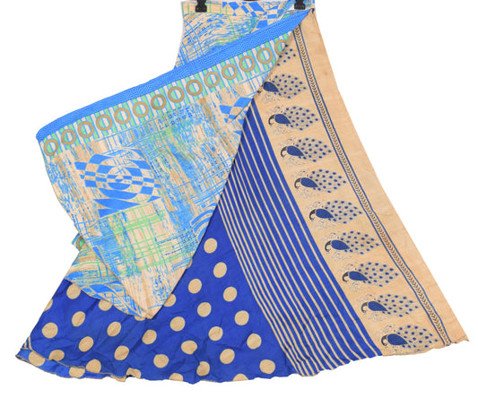 Sushila Vintage Blue Art Silk Saree Magic Wrap Reversible Skirt Polka Dot Dress