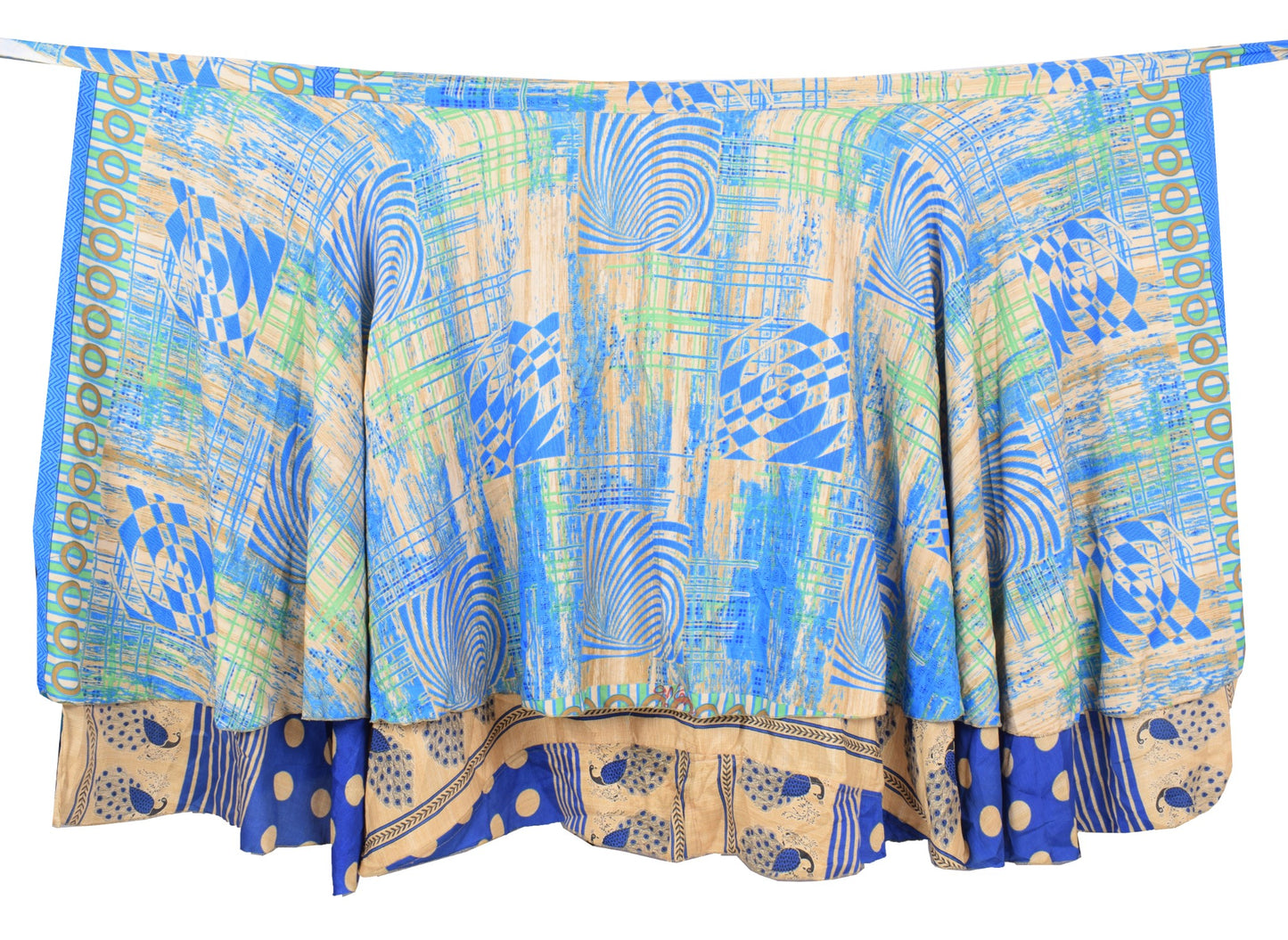 Sushila Vintage Blue Art Silk Saree Magic Wrap Reversible Skirt Polka Dot Dress