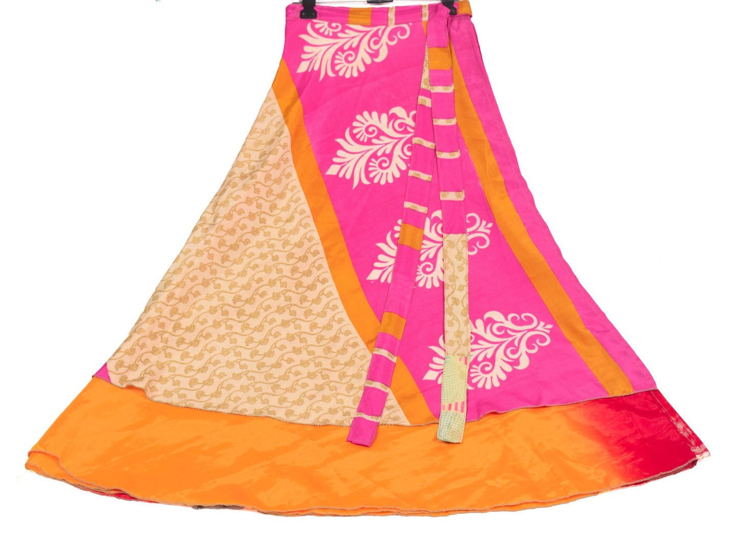 Sushila Vintage Yellow Pink Saree Magic Wrap Reversible Skirt Art Silk Beach Dress