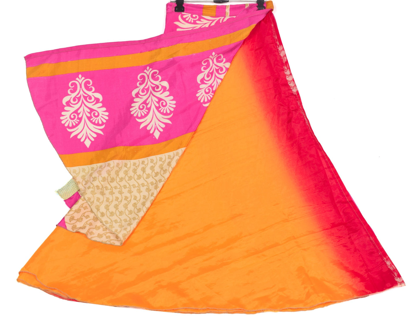 Sushila Vintage Yellow Pink Saree Magic Wrap Reversible Skirt Art Silk Beach Dress