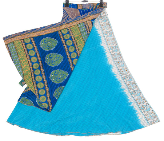 Sushila Vintage Art Silk Saree Magic Wrap Reversible Skirt Beach Dress Turq Blue