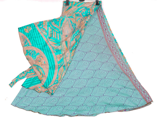 Sushila Vintage Art Silk Saree Magic Wrap Reversible Skirt Beach Dress Aqua Boho