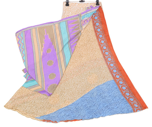 Sushila Vintage Art Silk Saree Magic Wrap Reversible Skirt Beach Dress Brown