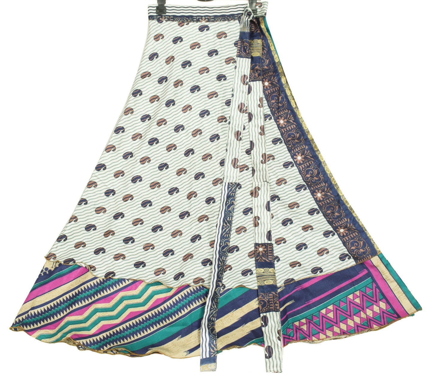 Sushila Vintage Art Silk Saree Magic Wrap Reversible Skirt Off White Warli Boho