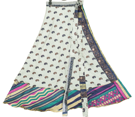 Sushila Vintage Art Silk Saree Magic Wrap Reversible Skirt Off White Warli Boho