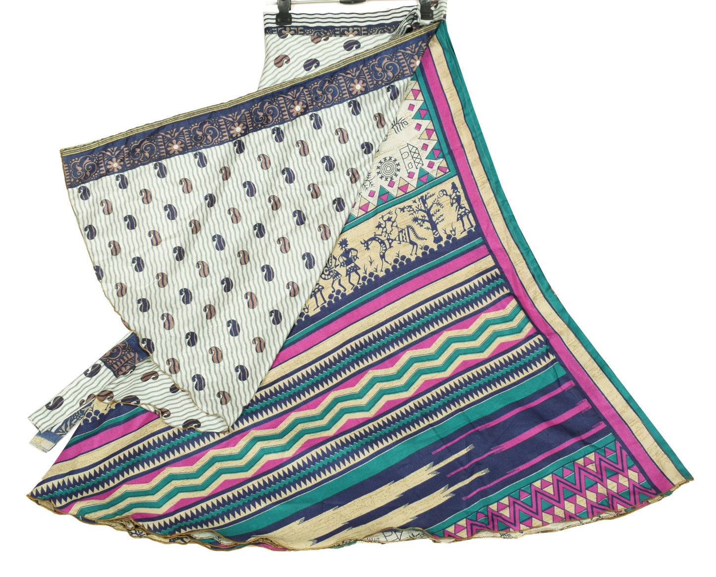 Sushila Vintage Art Silk Saree Magic Wrap Reversible Skirt Off White Warli Boho