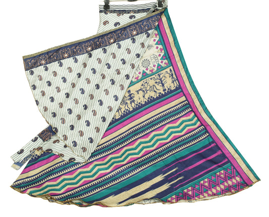 Sushila Vintage Art Silk Saree Magic Wrap Reversible Skirt Off White Warli Boho