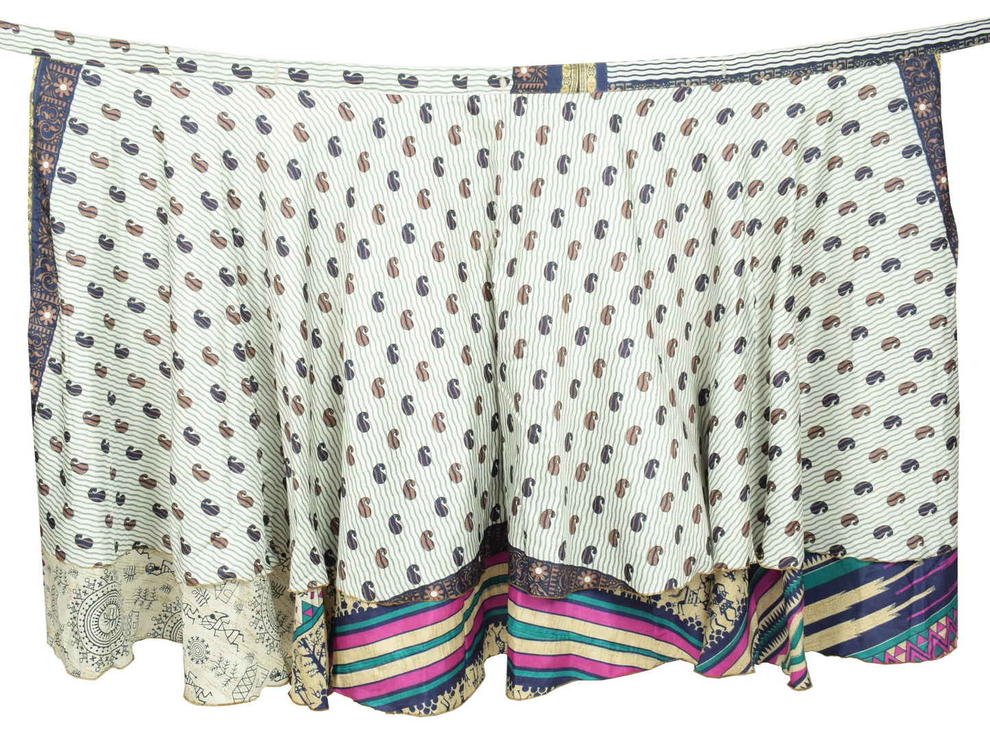 Sushila Vintage Art Silk Saree Magic Wrap Reversible Skirt Off White Warli Boho