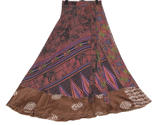 Sushila Vintage Brown Art Silk Saree Magic Wrap Reversible Skirt Beach Dress