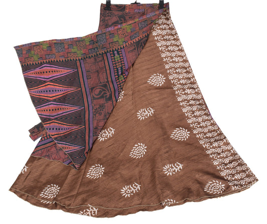 Sushila Vintage Brown Art Silk Saree Magic Wrap Reversible Skirt Beach Dress