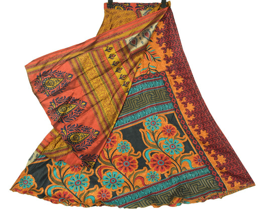 Sushila Vintage Art Silk Saree Magic Wrap Mustard Reversible Skirt Beach Dress