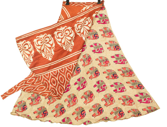 Sushila Vintage Elephant Art Silk Saree Magic Wrap Reversible Skirt Beach Dress