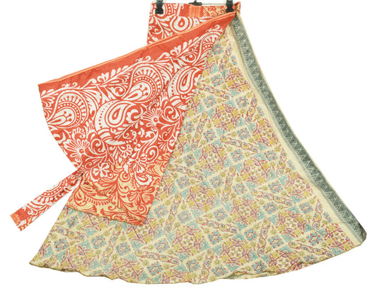 Sushila Vintage Creaem Art Silk Saree Magic Wrap Reversible Skirt Beach Dress