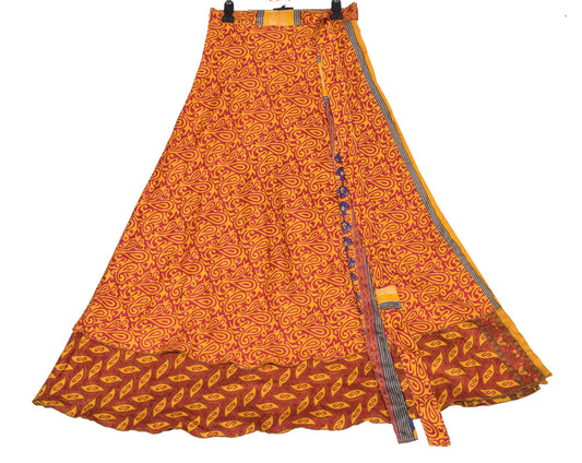 Sushila Vintage Art Silk Saree Magic Wrap Reversible Skirt Floral Red Beach Dress