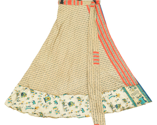 Sushila Vintage Warli Print Saree Magic Wrap Art Silk Reversible Skirt Beach Dress