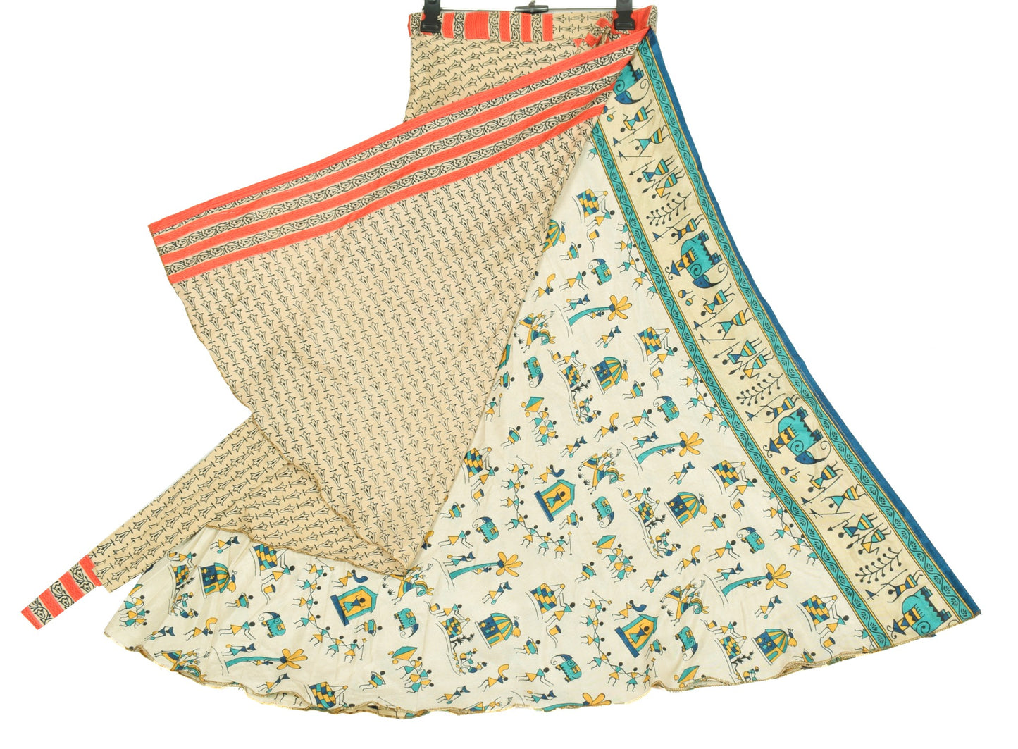 Sushila Vintage Warli Print Saree Magic Wrap Art Silk Reversible Skirt Beach Dress