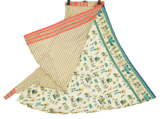 Sushila Vintage Warli Print Saree Magic Wrap Art Silk Reversible Skirt Beach Dress