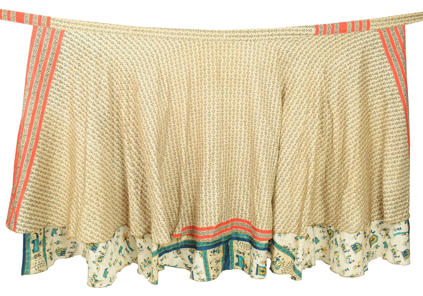 Sushila Vintage Warli Print Saree Magic Wrap Art Silk Reversible Skirt Beach Dress