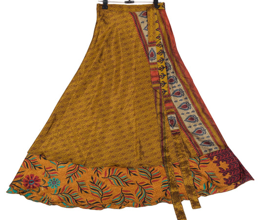 Sushila Vintage Art Silk Saree Magic Wrap Reversible Skirt Beach Dress Mustard