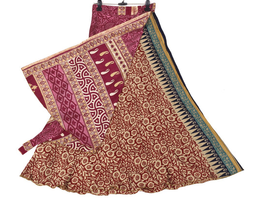 Sushila Vintage Silk Saree Magic Wrap Floral Red Reversible Skirt Beach Dress