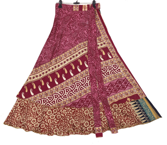 Sushila Vintage Silk Saree Magic Wrap Floral Red Reversible Skirt Beach Dress
