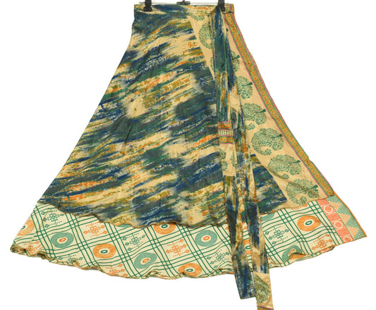 Sushila Vintage Silk Saree Magic Wrap Reversible Skirt Cream Green Beach Dress