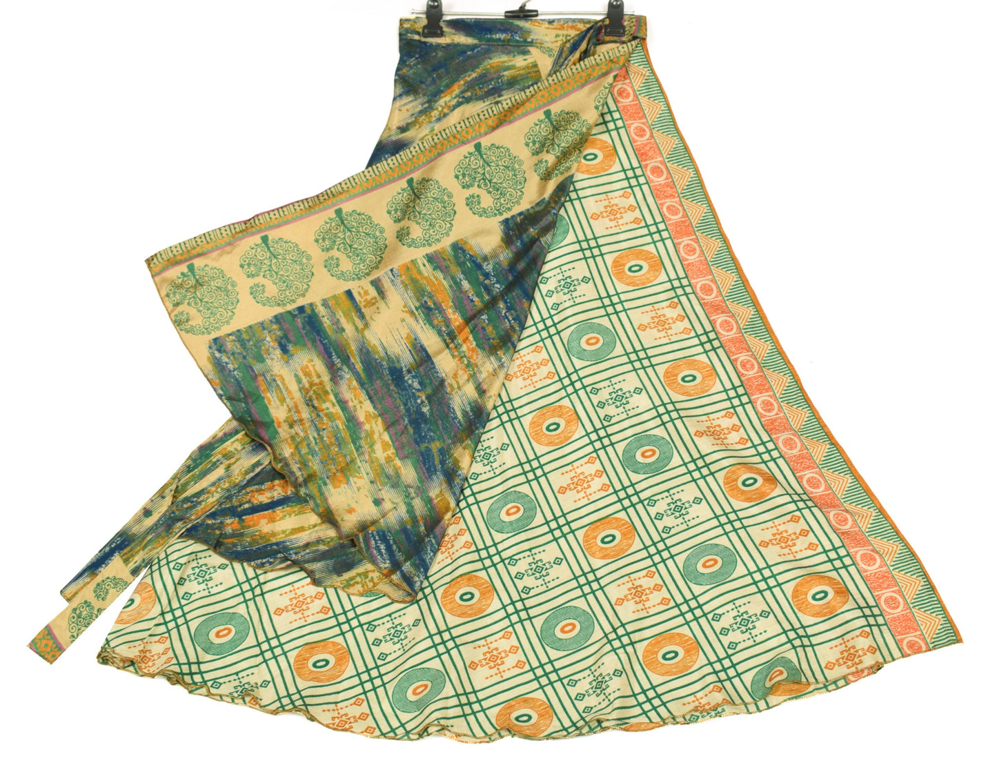 Sushila Vintage Silk Saree Magic Wrap Reversible Skirt Cream Green Beach Dress