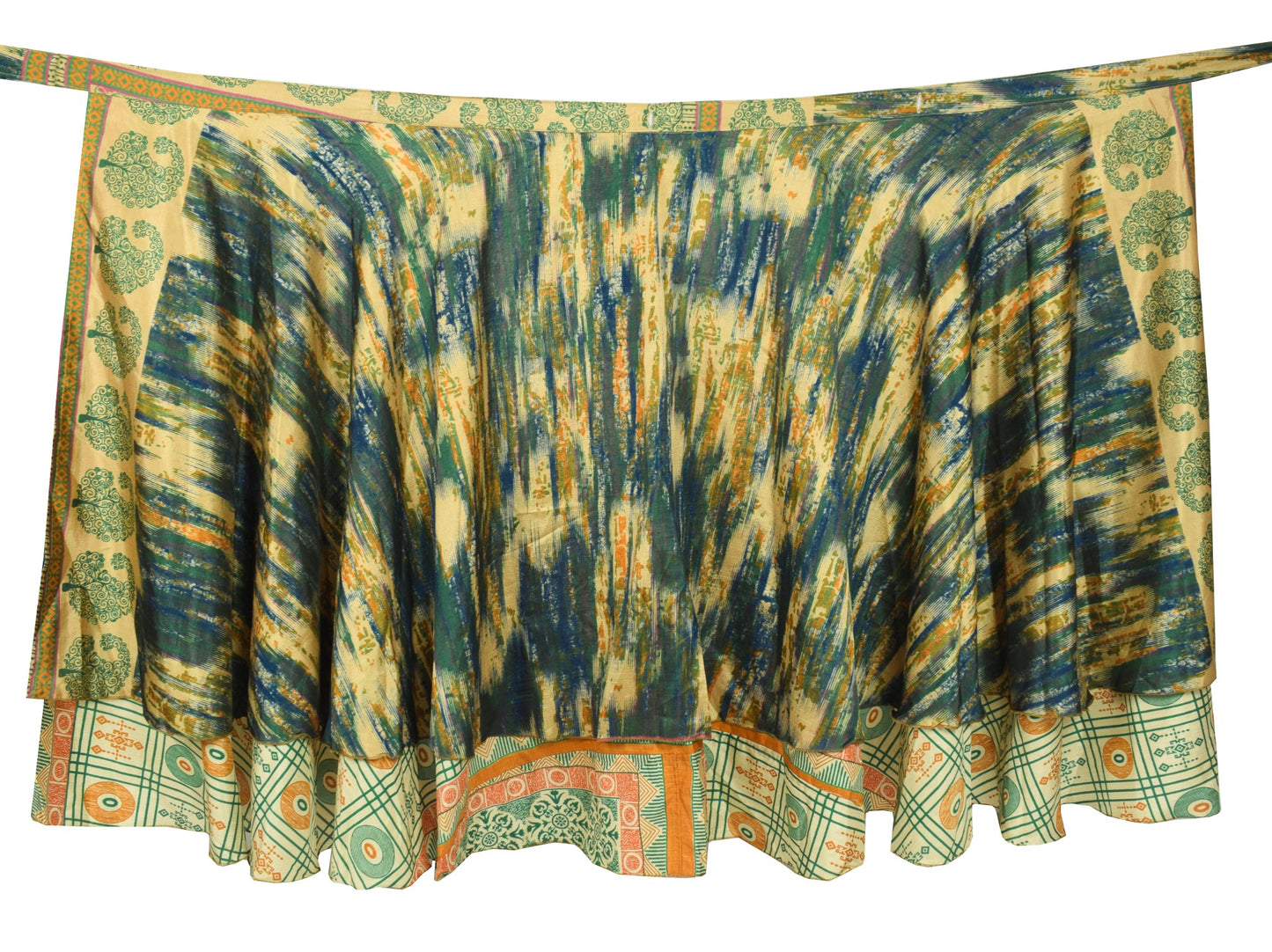 Sushila Vintage Silk Saree Magic Wrap Reversible Skirt Cream Green Beach Dress