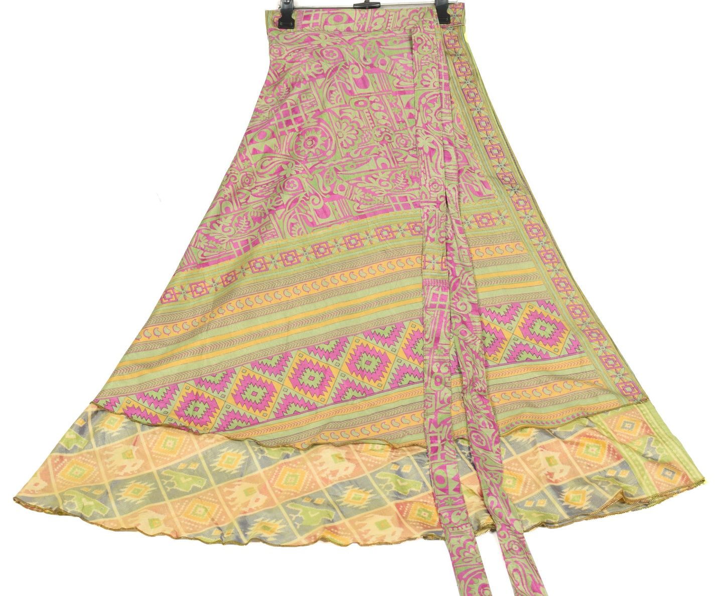 Sushila Vintage Ikat Print Art Silk Saree Magic Wrap Reversible Skirt Beach Dress