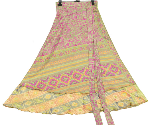 Sushila Vintage Ikat Print Art Silk Saree Magic Wrap Reversible Skirt Beach Dress