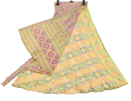 Sushila Vintage Ikat Print Art Silk Saree Magic Wrap Reversible Skirt Beach Dress