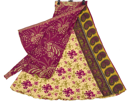 Sushila Vintage Floral Silk Saree Magic Wrap Reversible Skirt Beach Dress Beige