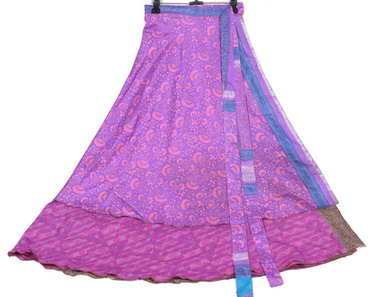 Sushila Vintage Floral Pink Art Silk Saree Magic Wrap Reversible Skirt Beach Dress
