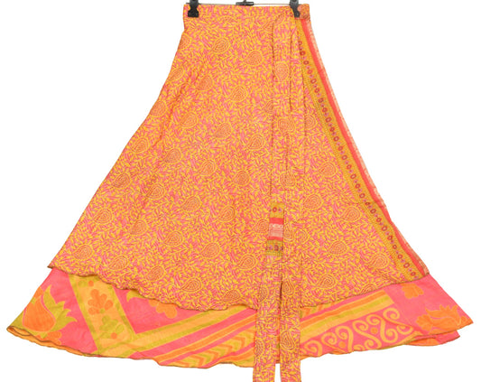 Sushila Vintage Art Silk Saree Magic Wrap Reversible Skirt Yellow Pink Beach Dress