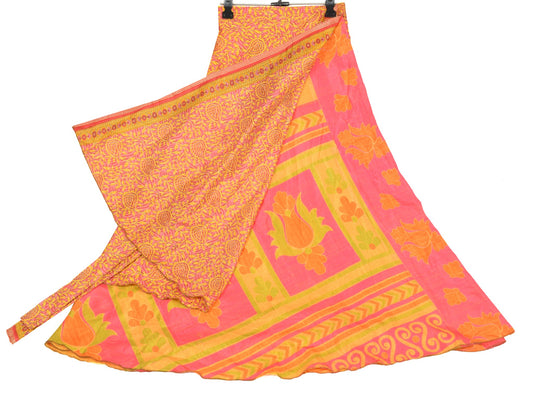 Sushila Vintage Art Silk Saree Magic Wrap Reversible Skirt Yellow Pink Beach Dress