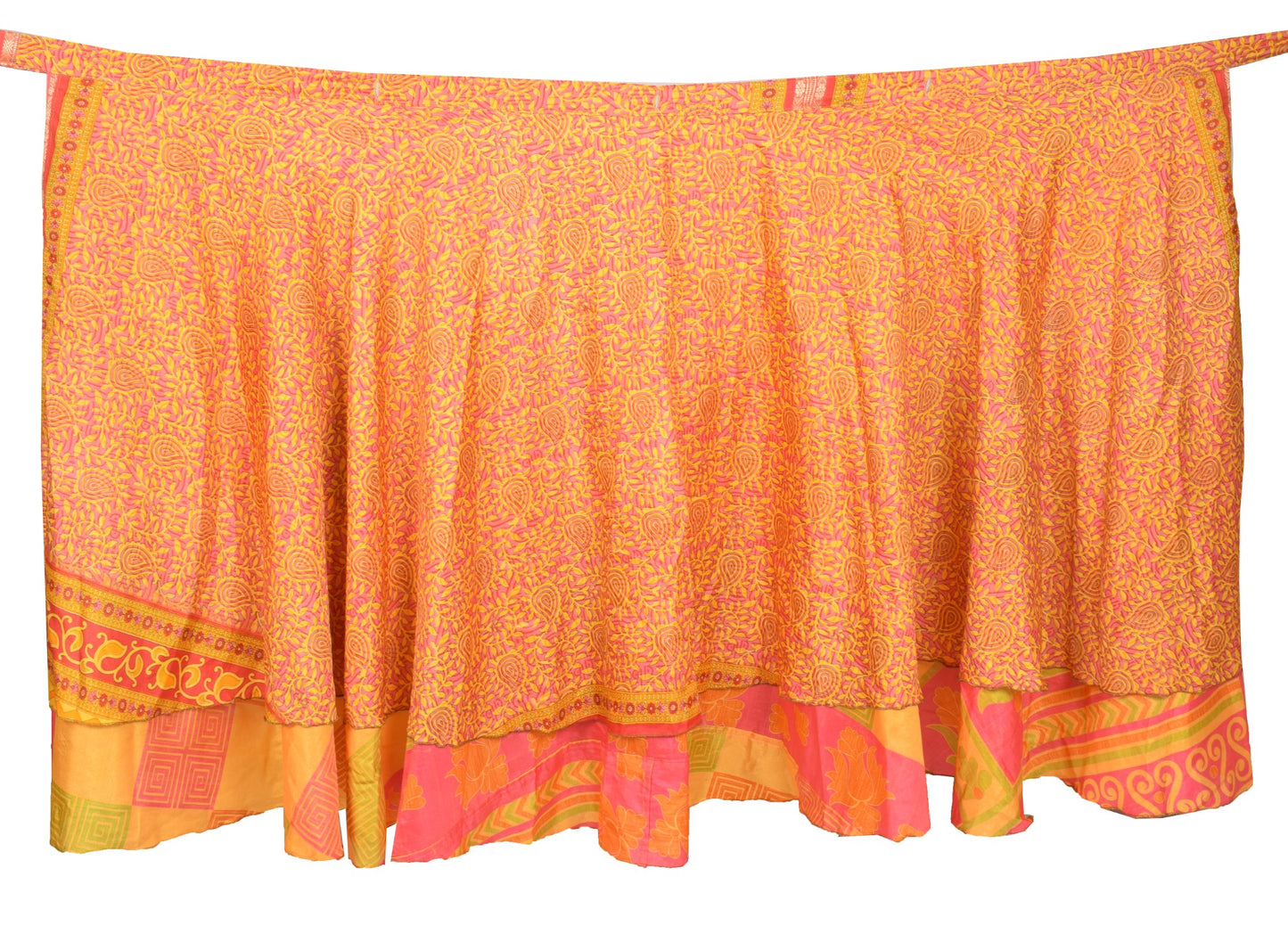 Sushila Vintage Art Silk Saree Magic Wrap Reversible Skirt Yellow Pink Beach Dress