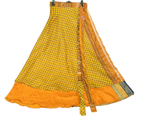 Sushila Vintage Yellow Magic Wrap Reversible Art Silk Saree Skirt Beach Dress