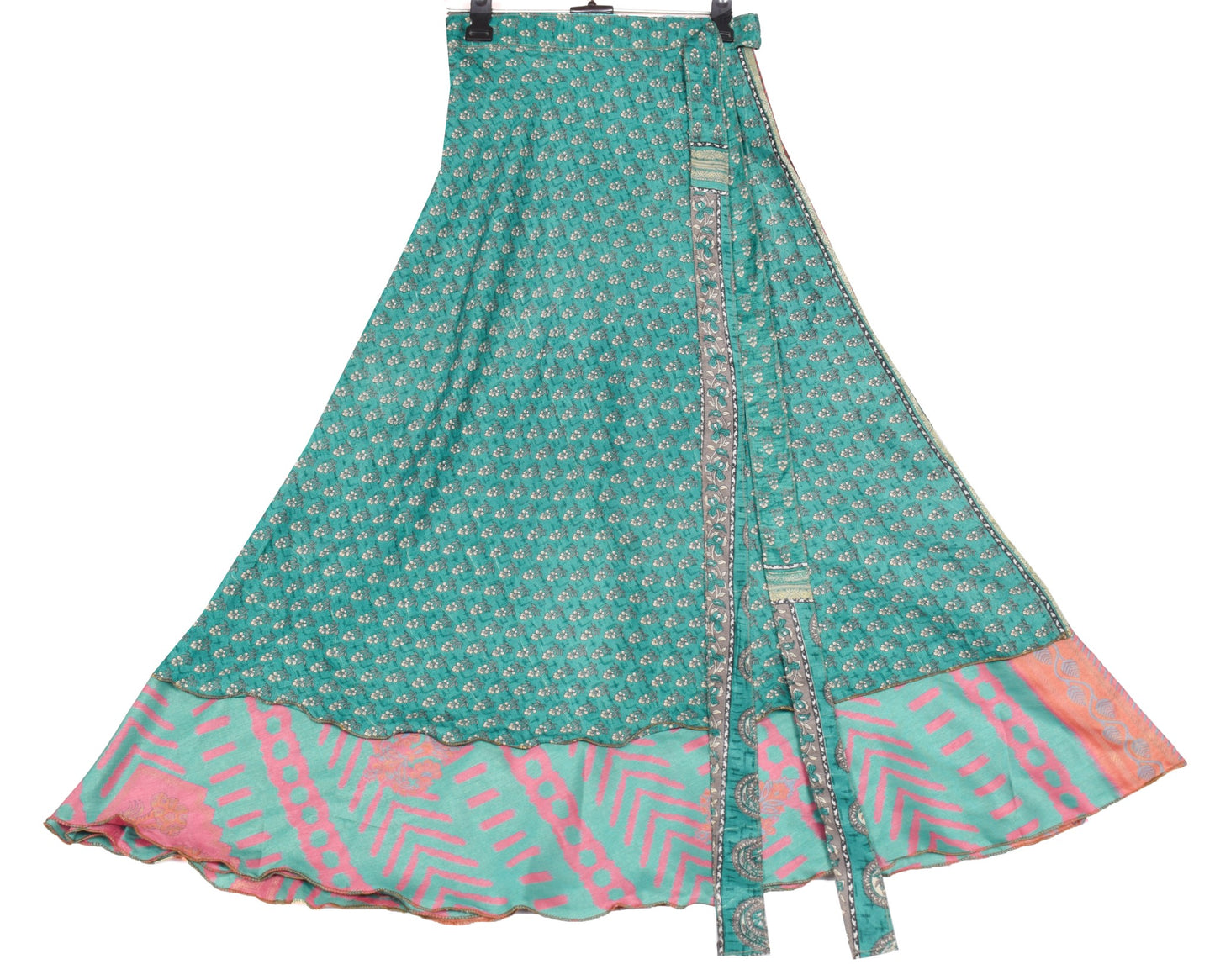 Sushila Vintage Art Silk Saree Magic Wrap Reversible Skirt Beach Dress Green Floral