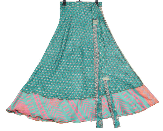 Sushila Vintage Art Silk Saree Magic Wrap Reversible Skirt Beach Dress Green Floral