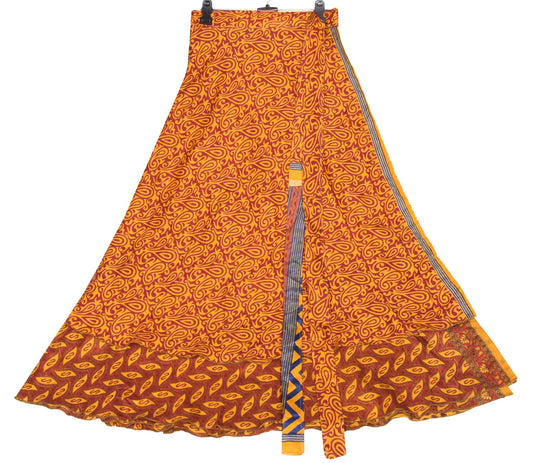Sushila Vintage Art Silk Saree Magic Wrap Reversible Skirt Red Yellow Beach Dress