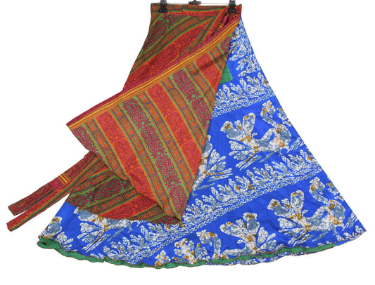 Sushila Vintage Saree MagicWrap Reversible Skirt Blue Bird Art Silk Beach Dress
