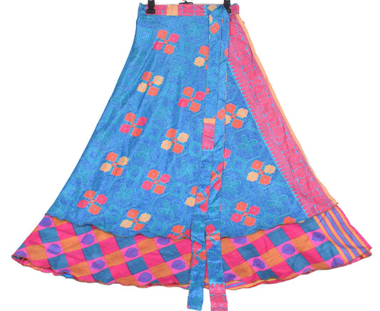 Sushila Vintage Magic Wrap Art Silk Blue Pink Saree Reversible Skirt Beach Dress