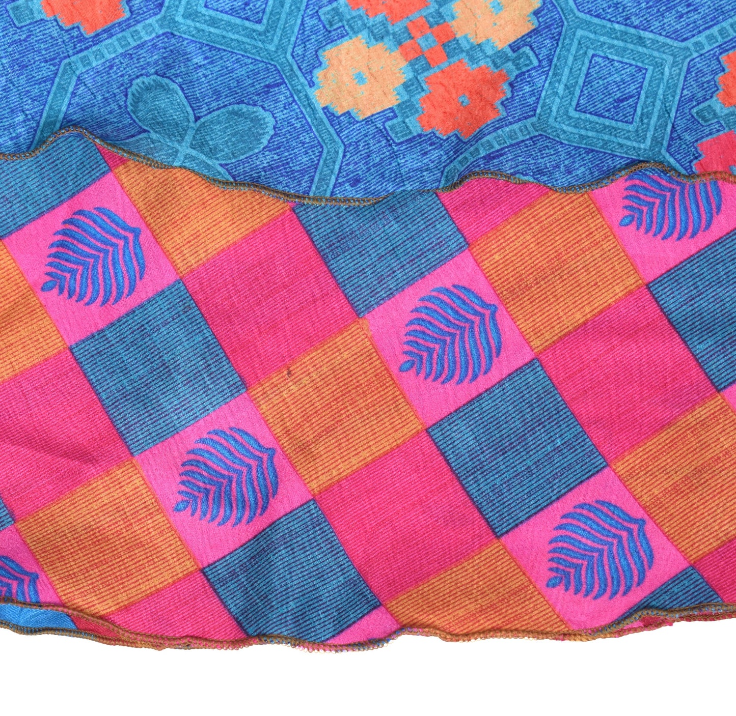 Sushila Vintage Magic Wrap Art Silk Blue Pink Saree Reversible Skirt Beach Dress