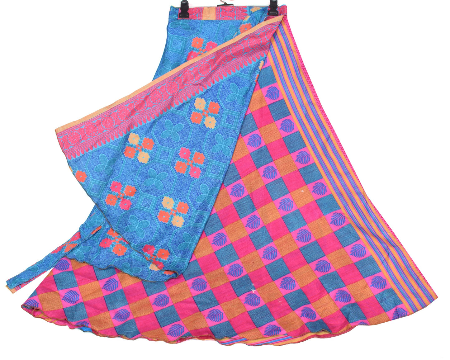 Sushila Vintage Magic Wrap Art Silk Blue Pink Saree Reversible Skirt Beach Dress
